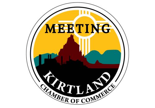 The Kirtland Chamber of Commerce logo featuring the Four Corners power plant, Shiprock and the Zia Sun Symbol with the text Meeting on top.